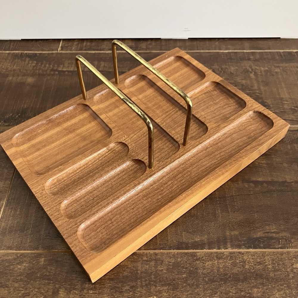 MCM Solid Walnut Wooden Desk Valet Tray Brass Mail Letter Holder Organizer Vtg